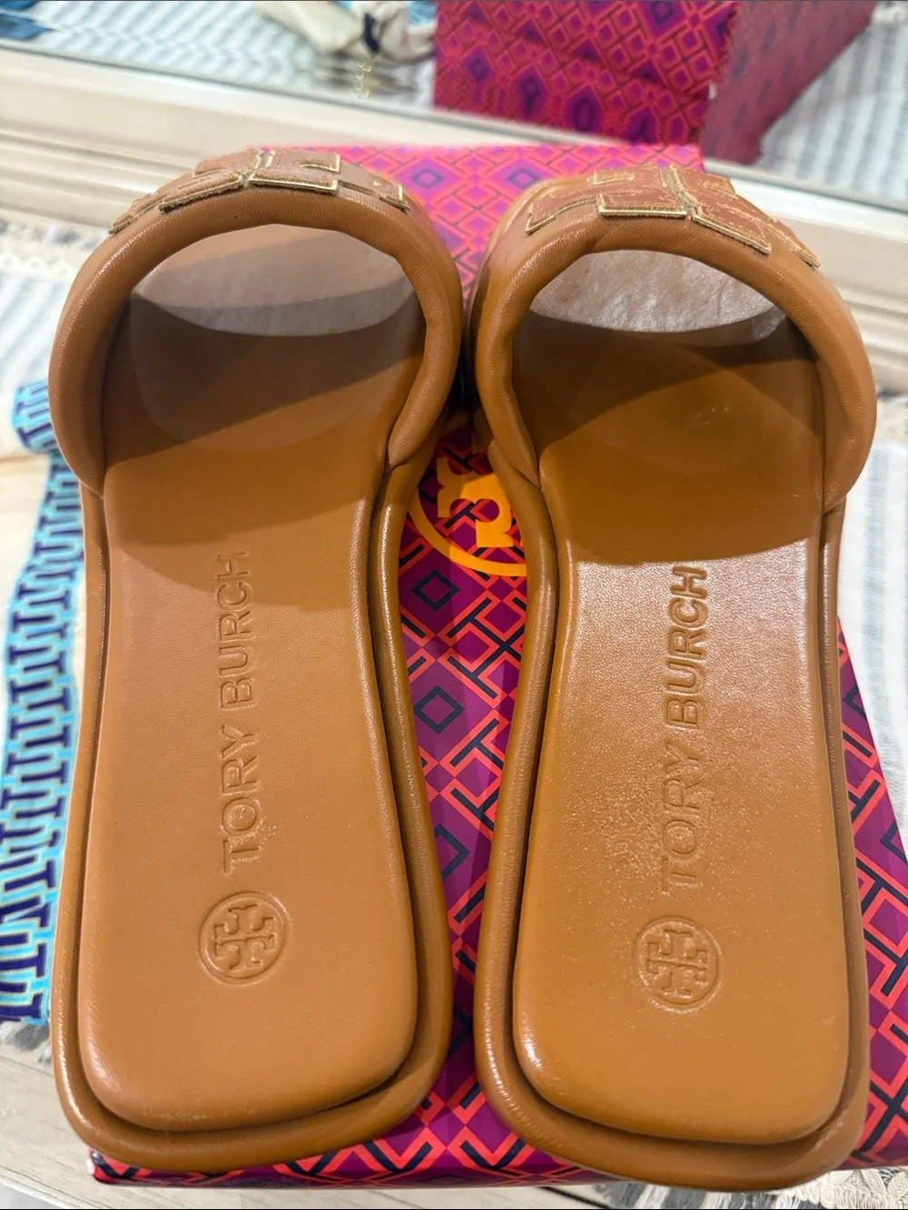 Tory Burch Cognac Leather Logo Slide Sandals